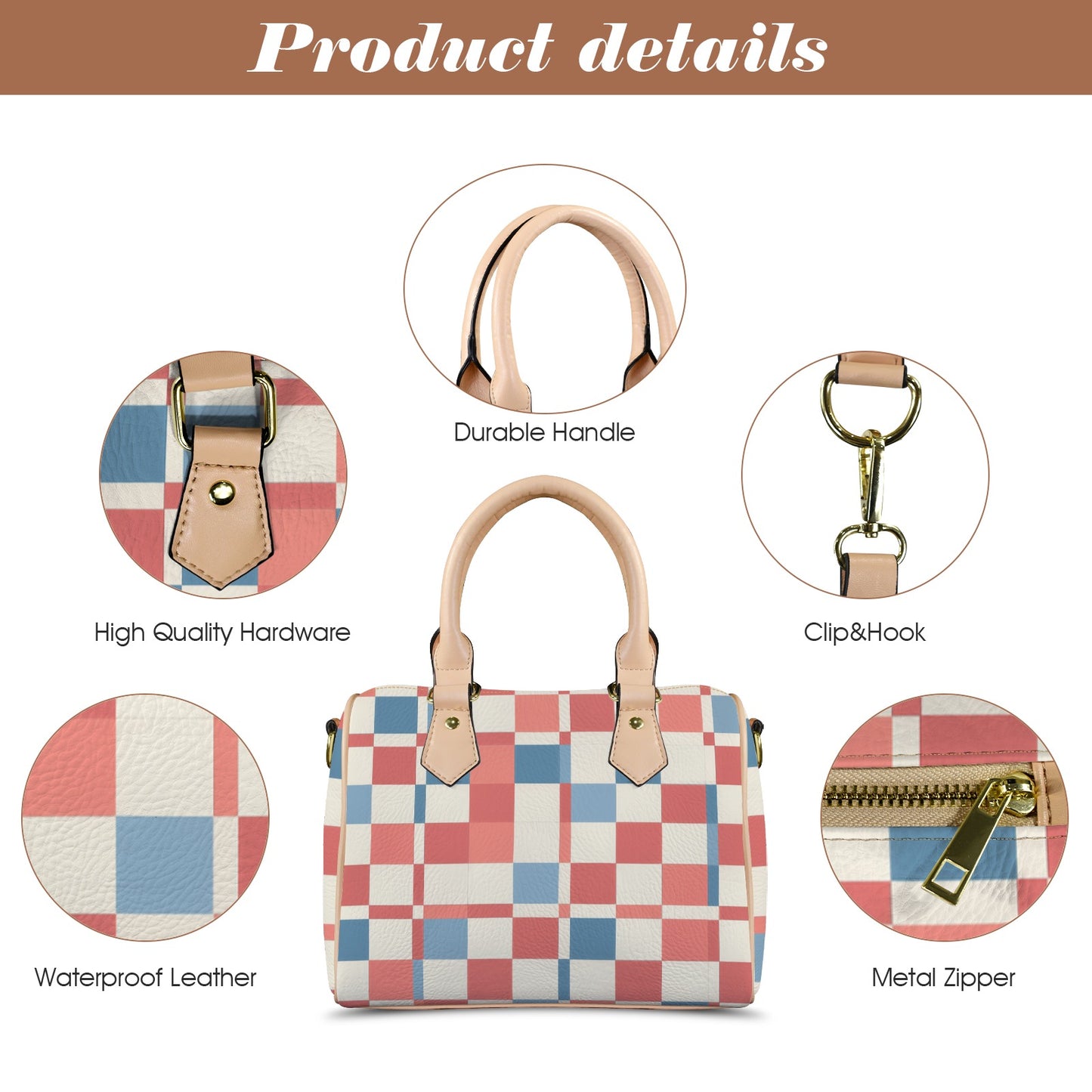 Damen Handtasche mit Karomuster und khakifarbenen Henkeln