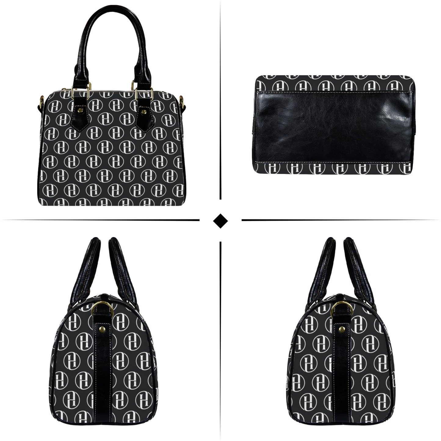 HILORA Designer-Handtasche – PU-Leder – Schwarz – Vollflächiger HILORA-Print (Modell 1746)