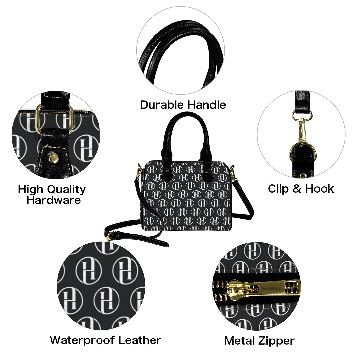 HILORA Designer-Handtasche – PU-Leder – Schwarz – Vollflächiger HILORA-Print (Modell 1746)