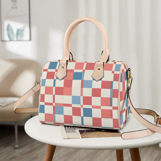 Damen Handtasche mit Karomuster und khakifarbenen Henkeln