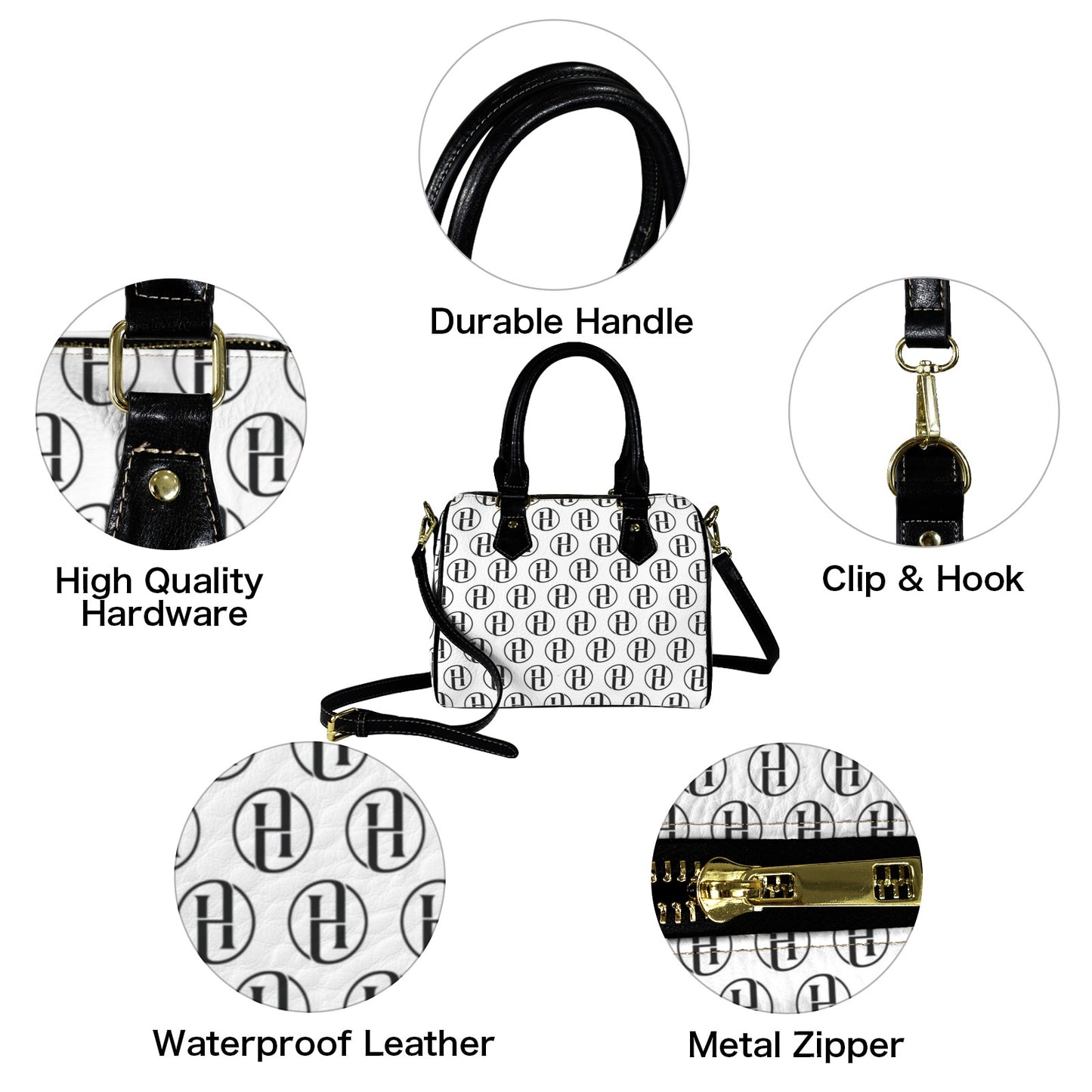 HILORA Designer-Handtasche – PU-Leder – Weiß – Vollflächiger HILORA-Print (Modell 1746)