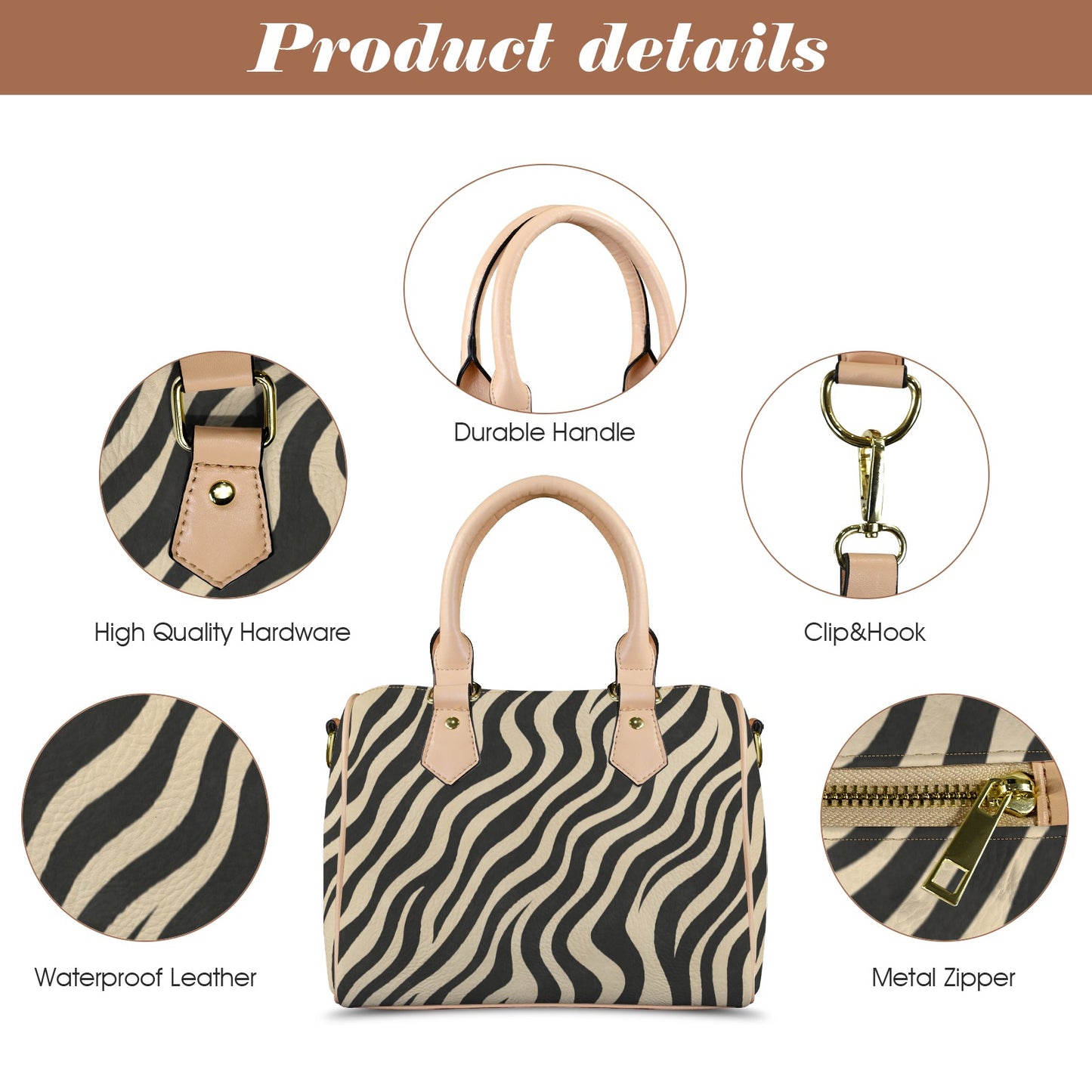 Damen-Handtasche im Zebra-Design mit Khaki-Griff – Modell 1746