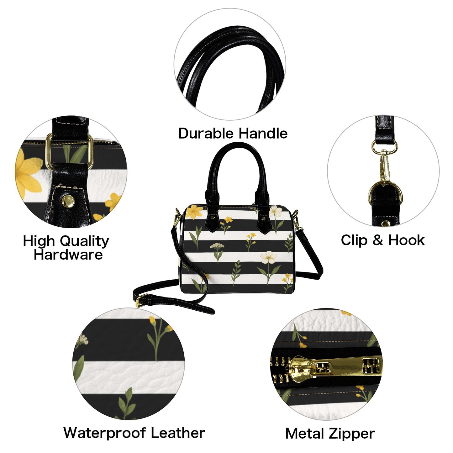 Damen Handtasche mit schwarz-weißem Streifenmuster und Blumen