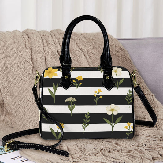 Damen Handtasche mit schwarz-weißem Streifenmuster und Blumen
