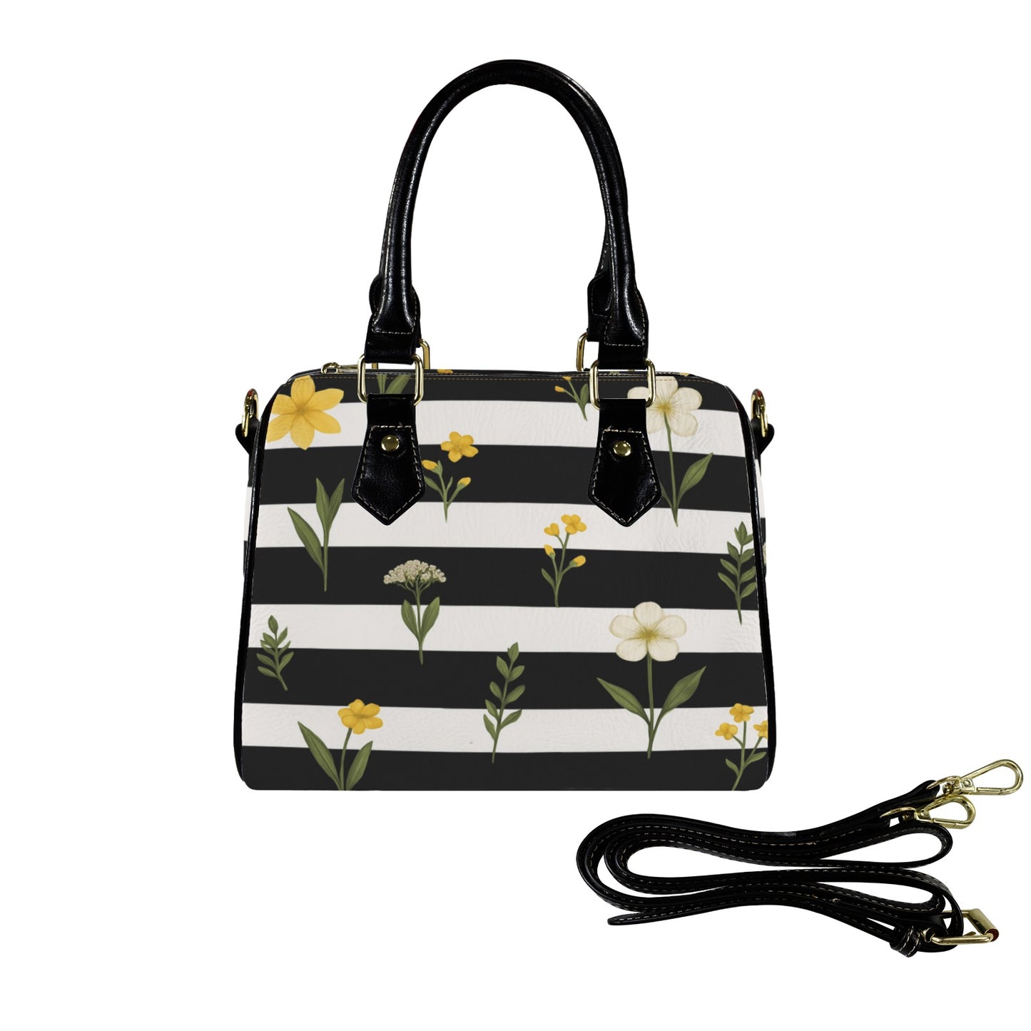 Damen Handtasche mit schwarz-weißem Streifenmuster und Blumen