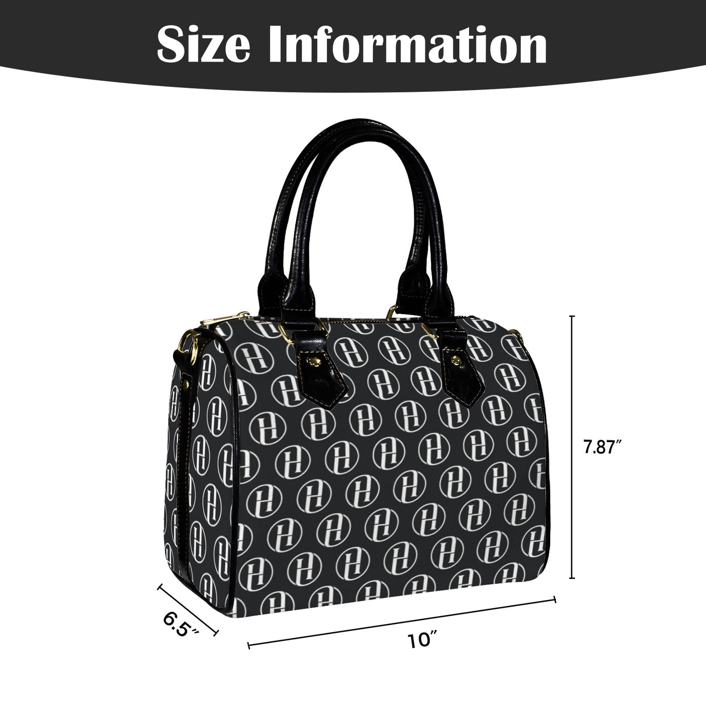 HILORA Designer-Handtasche – PU-Leder – Schwarz – Vollflächiger HILORA-Print (Modell 1746)