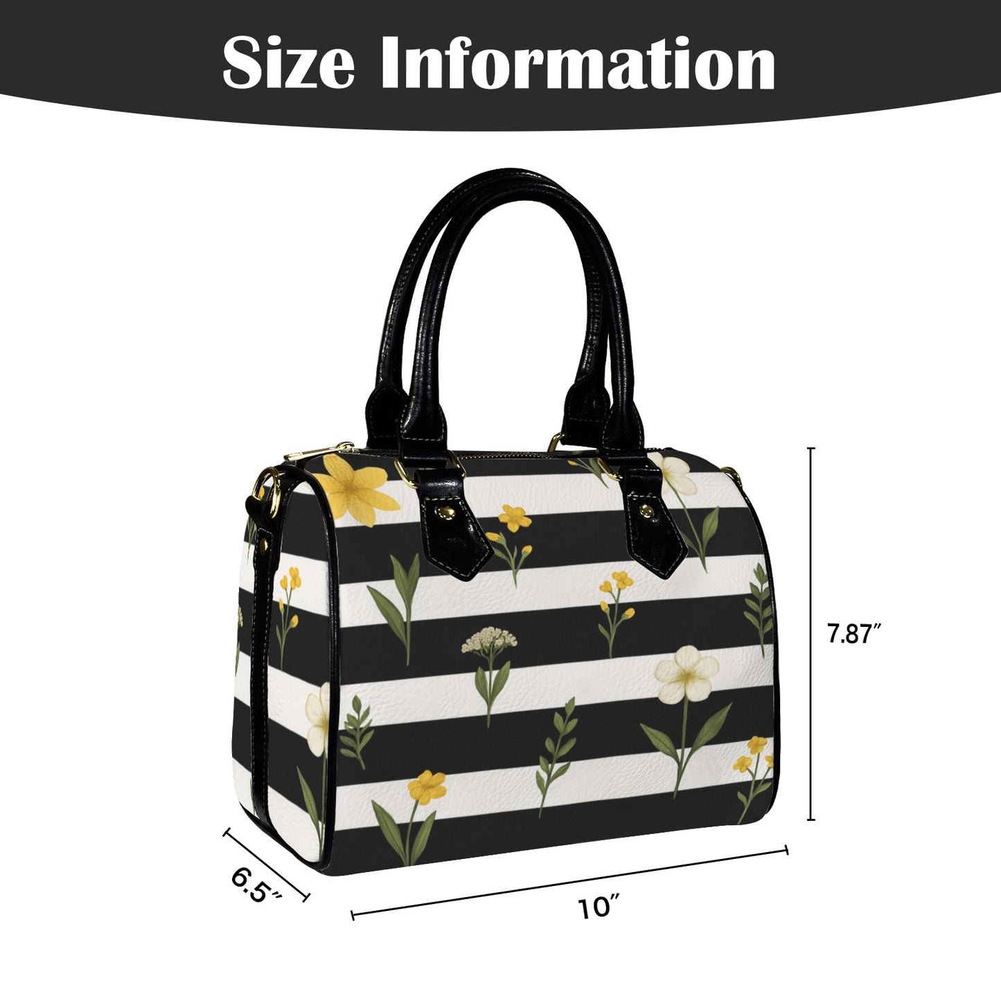 Damen Handtasche mit schwarz-weißem Streifenmuster und Blumen